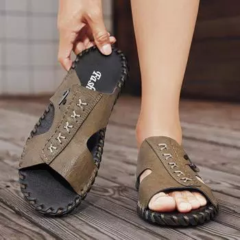 Мужские тапочки, сандалии ручной работы на плоской подошве, летние коричневые и черные шлепанцы, пляжная обувь с открытым носком, большие размеры EU:45 чёрный