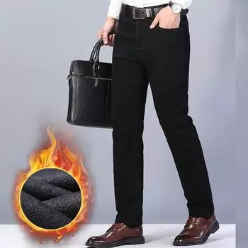 Мужские теплые прямые джинсы, утолщенные зимние деловые джинсы для снега, теплые подбитые джинсы 40 чёрный