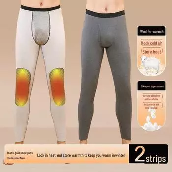 «Мужские теплые синие шерстяные брюки с наколенниками 2024 года — бесшовные, черного и золотого цвета, плюс бархатная подкладка для зимы» L [45-60 kg]