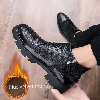 Мужские теплые зимние ботинки меховые мотоциклетные ботинки платье черные кожаные ботильоны смокинг свадебные блейзеры седловидные туфли толстая подошва EU:38 чёрный