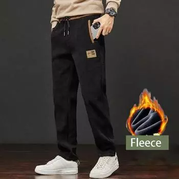 Мужские термоштаны, теплые, зимние, утолщенные, флисовые, мужские, теплые, повседневные, с вышитыми буквами, флисовая подкладка, толстые брюки для активного отдыха S чёрный