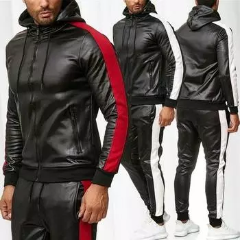 Мужские толстовки из искусственной кожи, комплект из 2 предметов, повседневный спортивный костюм, спортивные костюмы для бега