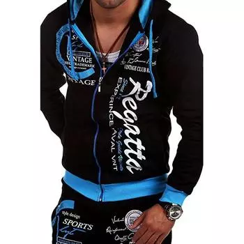 Мужские толстовки на молнии контрастного цвета с буквенным принтом, повседневные свободные толстовки, модный кардиган с длинными рукавами и капюшоном M чёрный/голубой воды