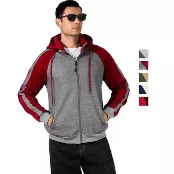 Мужские толстовки с капюшоном, длинные рукава, застежка-молния, контрастные свободные флисовые рубашки, классические повседневные топы на осень и весну S бордовый/светло-серый
