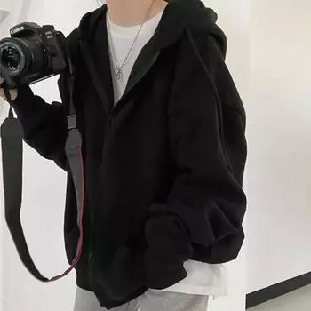 Мужские толстовки с капюшоном на молнии, толстовка в стиле Харадзюку с длинным рукавом, весна-осень, свободные повседневные толстовки большого размера, куртка с карманом US S чёрный