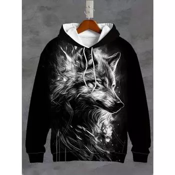 Мужские толстовки с капюшоном с 3D-принтами, графическим принтом волка, спортивная одежда на шнурке, уличные топы с длинным рукавом, мужская одежда, пуловер L