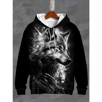 Мужские толстовки с капюшоном с 3D-принтами, графическим принтом волка, спортивная одежда на шнурке, уличные топы с длинным рукавом, мужская одежда, пуловер S