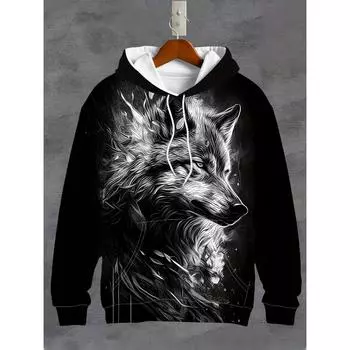 Мужские толстовки с капюшоном с 3D-принтами, графическим принтом волка, спортивная одежда на шнурке, уличные топы с длинным рукавом, мужская одежда, пуловер S