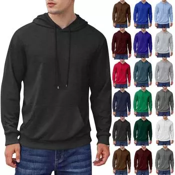 Мужские толстовки с капюшоном, удобные однотонные толстовки с карманами, повседневные свободные толстовки с длинным рукавом, большие толстовки L чёрный