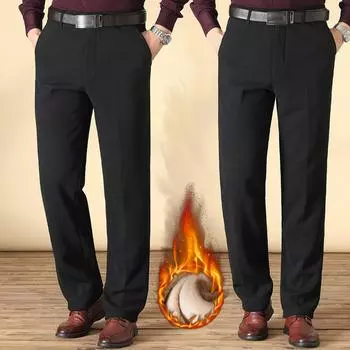 Мужские толстые бархатные теплые брюки, шерстяные флисовые брюки, повседневные прямые брюки, гибкие ветрозащитные брюки, деловые брюки для мужчин 30 чёрный