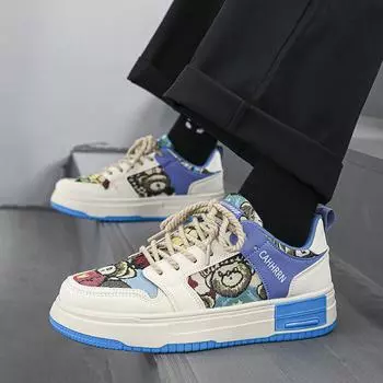 Мужские толстые кроссовки на платформе из парусины с рисунком медведя из мультфильма, дышащие повседневные кроссовки для колледжа, мужская обувь 39