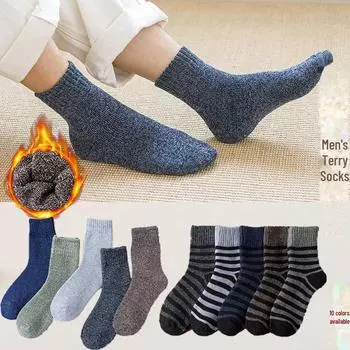 Мужские толстые теплые махровые носки-тапочки из хлопка в стиле ретро с бархатом One Size темно-коричневого