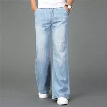 Мужские тонкие джинсовые брюки-клеш на весну и лето, свободные прямые брюки с потертостями и широкими штанинами 40 чёрный