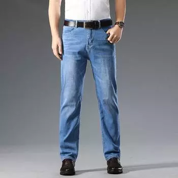 Мужские тонкие джинсы, свободные деловые брюки среднего возраста для взрослых, мужские рабочие эластичные прямые брюки, универсальные рабочие брюки Fashiona 28 светло-синий