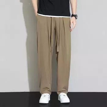 Мужские тонкие летние красивые драпированные широкие брюки, модные брендовые свободные прямые повседневные брюки из ледяного шелка M чёрный