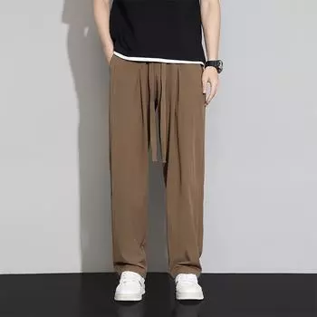 Мужские тонкие летние красивые драпированные широкие брюки модного бренда свободные прямые повседневные брюки из ледяного шелка 2XL хаки