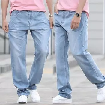 Мужские тонкие свободные джинсы, классические прямые синие деловые повседневные эластичные хлопковые джинсовые брюки, большие размеры 40 29 синий