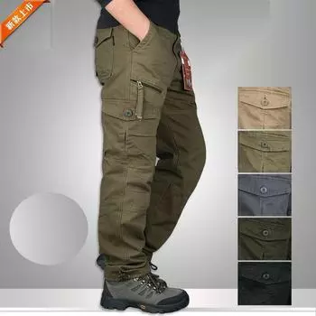 Мужские тонкие свободные прямые брюки с несколькими карманами на весну/лето — модная повседневная спортивная одежда больших размеров J16, L армия зеленый