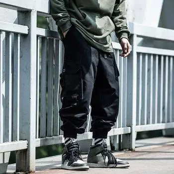 Мужские тонкие свободные рабочие брюки большого размера на весну и осень, брюки-шаровары со шнуровкой и завязками 4XL чёрный