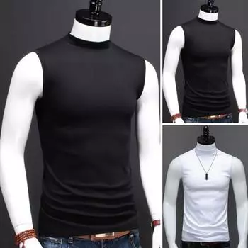 Мужские топы-майки с высоким воротником без рукавов, облегающие эластичные топы, однотонные, с широкими бретелями, футболка из ледяного шелка M чёрный