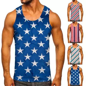 Мужские топы на бретелях, повседневные пляжные топы без рукавов в стиле ретро, летние топы без рукавов на День независимости с 3D принтом M синий