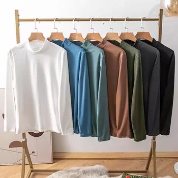 Мужские топы, однотонный пуловер со средним воротником, женский и мужской свитер, тонкое нижнее белье, бархатная теплая одежда, бархатные футболки с длинными рукавами для мужчин L белый