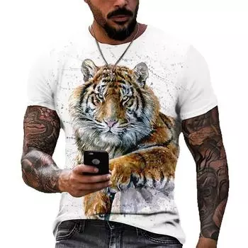 Мужские топы с 3D-принтом животных, с рисунками льва и леопарда, модные, с короткими рукавами и круглым вырезом, одежда S