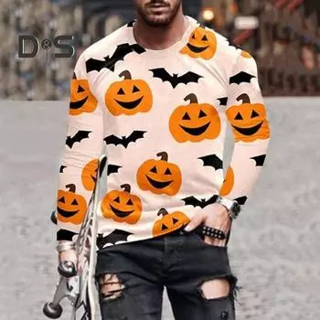 Мужские топы с принтом Хэллоуина 3D, круглый вырез, длинный рукав, футболка, повседневная, стандартного кроя, повседневная одежда для уличных вечеринок M