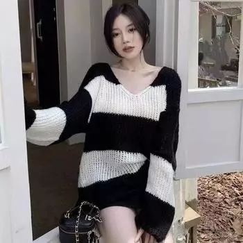 Мужские топы, Свободный трикотаж, Западный стиль, Ленивый стиль, Весенне-осенние тонкие полосатые свитера, Женское лето 6XL