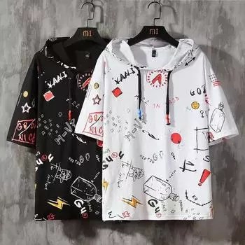 Мужские топы Тис Летний принт с коротким рукавом и футболкой с капюшоном Хип-хоп Уличная спортивная одежда Футболка 5XL белый