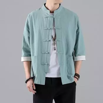 Мужские топы в китайском стиле, костюм Тан, льняной однотонный однотонный костюм с короткими рукавами в традиционном кунг-фу, рубашка Ханфу в китайском стиле, большие размеры S чёрный