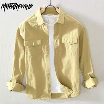 Мужские топы в японском стиле с длинными рукавами, повседневная рубашка-карго из 100 хлопка с двойными карманами, рубашка цвета хаки, весенне-осенняя модная мужская одежда M белый