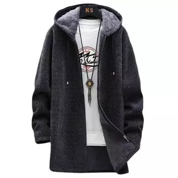 Мужские тренчи, куртки, флисовая парка, кардиган с длинными рукавами и капюшоном, теплое повседневное длинное вязаное пальто, куртка M чёрный
