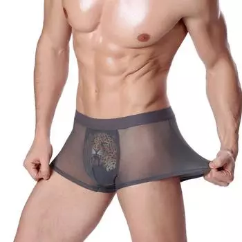 Мужские трусики из ледяного шелка, сексуальные, дышащие, с принтом, с плоскими углами, 3D, леопардовые, эротические, ажурные, боксерские шорты L
