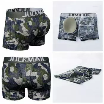 Мужские трусы-боксеры JOCKMAIL со съемной подкладкой и подкладкой для увеличения ягодиц, сетчатые плавки с камуфляжным принтом, модные спортивные шорты с низкой посадкой M