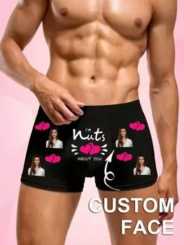 Мужские трусы-боксеры с индивидуальным фото и розовым рисунком в виде сердца, эластичное, мягкое, удобное персонализированное нижнее белье, идеальный подарок для парня/мужа S чёрный