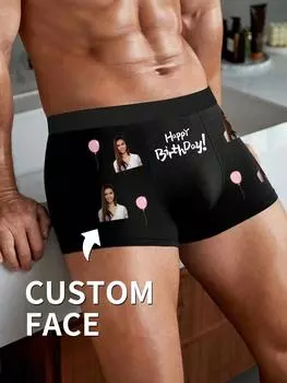 Мужские трусы-боксеры с индивидуальным рисунком с фотографией и надписью «С днем рождения», эластичное, мягкое, удобное персонализированное нижнее белье, идеальный подарок для парня/мужа S чёрный