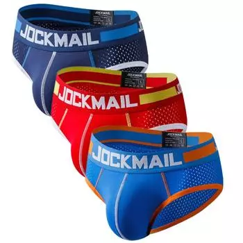 Мужские трусы JOCKMAIL, брендовые сексуальные трусы с низкой талией, дизайн с цветными блоками, спортивные дышащие трусы, мужское нижнее белье из сетчатого материала M красный