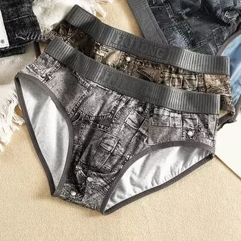 Мужские трусы с отдельными карманами, имитация джинсов, принт, удобная посадка, высокая эластичность, повседневная одежда M серый