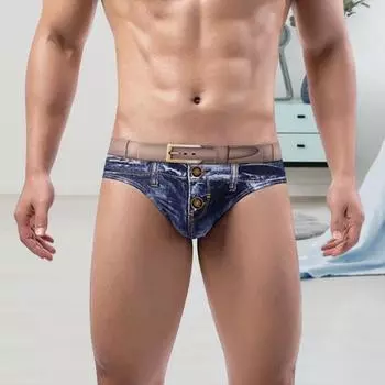 Мужские трусы со средней посадкой, эластичный пояс, 3D имитация джинсов, нижнее белье с принтом, U-выпуклые облегающие трусики, повседневная одежда XL светло-синий