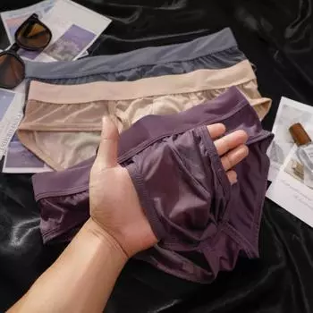 Мужские трусы средней посадки с боковым разрезом, плотно облегающие, однотонные, из ледяного шелка, тонкие, прозрачные, дышащие, гладкое нижнее белье L