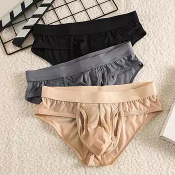 Мужские трусы средней посадки с боковым разрезом, плотно облегающие, однотонные, из ледяного шелка, тонкие, прозрачные, дышащие, гладкое нижнее белье M