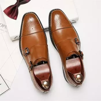 Мужские туфли-броги с ремешком Monk Strap, натуральная кожа, ручная работа, двойные пряжки, носок-крыло, свадебные деловые туфли для мужчин 38 чёрный