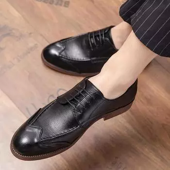 Мужские туфли деловые повседневные кожаные туфли больших размеров мужские в британском стиле корейская версия трендовые туфли с гравировкой Brock 38 чёрный