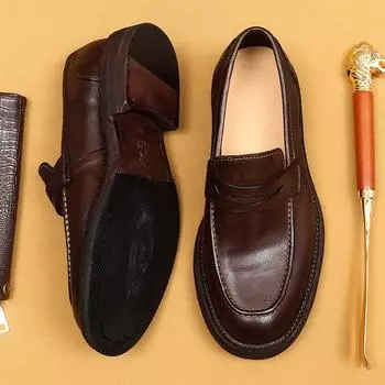 Мужские туфли из конской кожи Goodyear Washed Leather Soiled Handmade Leather Shoes Platform Casual Loafers 38 чёрный