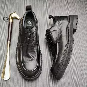 Мужские туфли из кожи с круглым носком, дышащие, британские, повседневные, кожаные туфли, деловые, на платформе, со шнуровкой, мягкие, синие, трендовые, одинарные туфли 38 чёрный