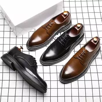 Мужские туфли из кожи с острым носком, британская деловая обувь, мужская поставка, цельный предмет 38 коричневый