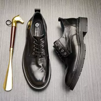 Мужские туфли из мягкой кожи с круглым носком и толстой подошвой, на шнуровке, с низким берцем, с ремнем, повседневные деловые кожаные туфли, модные маленькие кожаные туфли 38 чёрный
