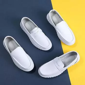 Мужские туфли из натуральной кожи с плоским дном, белые, дышащие, с мягкой подошвой, нескользящие, для больницы, с одной педалью, маленькие белые туфли 38