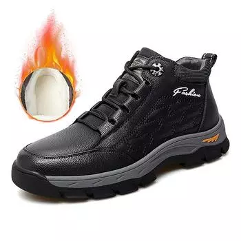 Мужские туфли из натуральной кожи в стиле ретро, мужские теплые и мягкие повседневные туфли из коровьей кожи с высоким берцем, хлопковая обувь для активного отдыха, походная обувь 38 чёрный